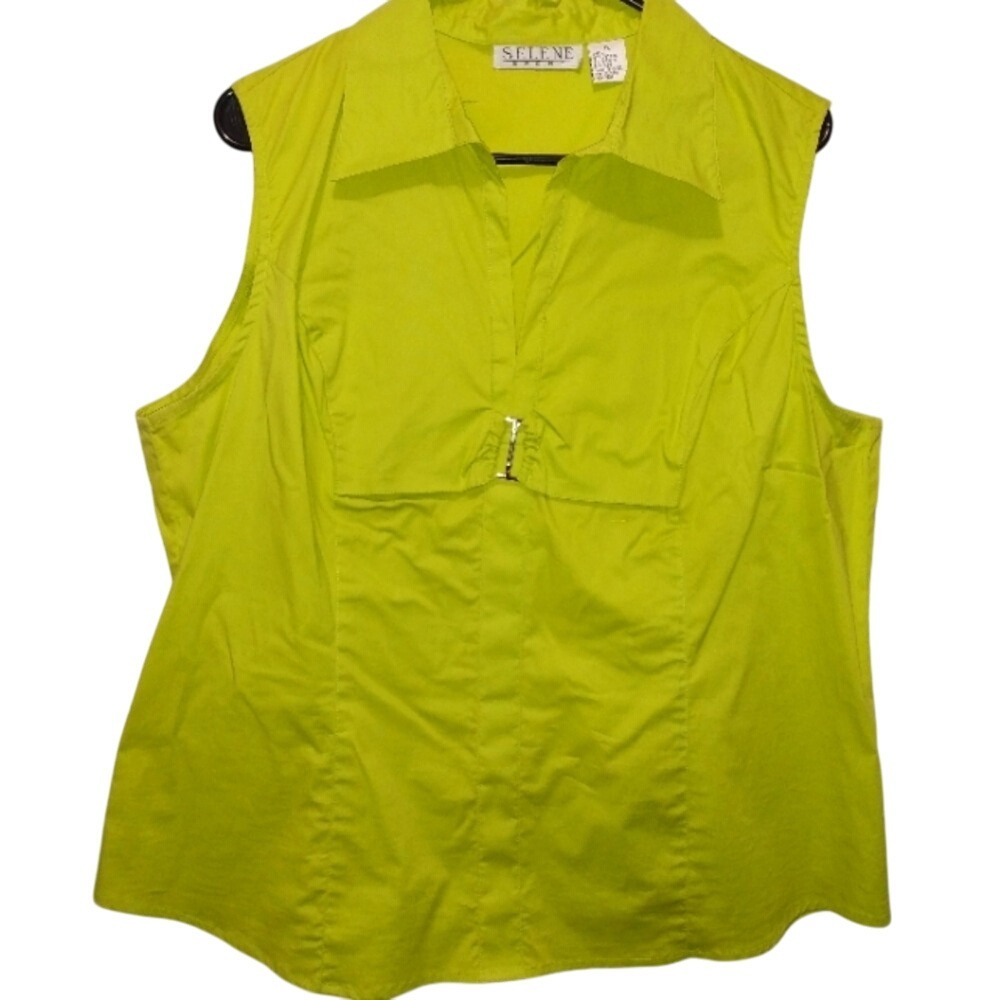 Selene Sport Sleeveless Top Button Detail Collared Chartreuse 1X
